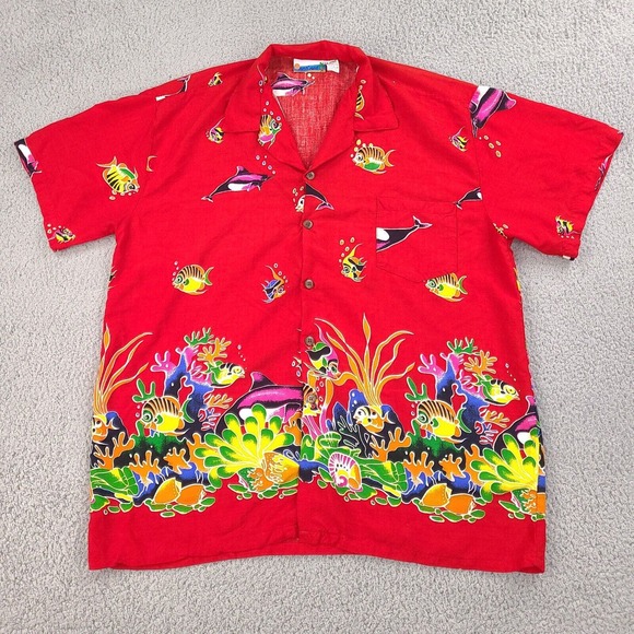 Sun n Sand Hawaiian Shirt Mens Large Red Colorful Rayon Button Down Fish Ocean‎ - Picture 1 of 12